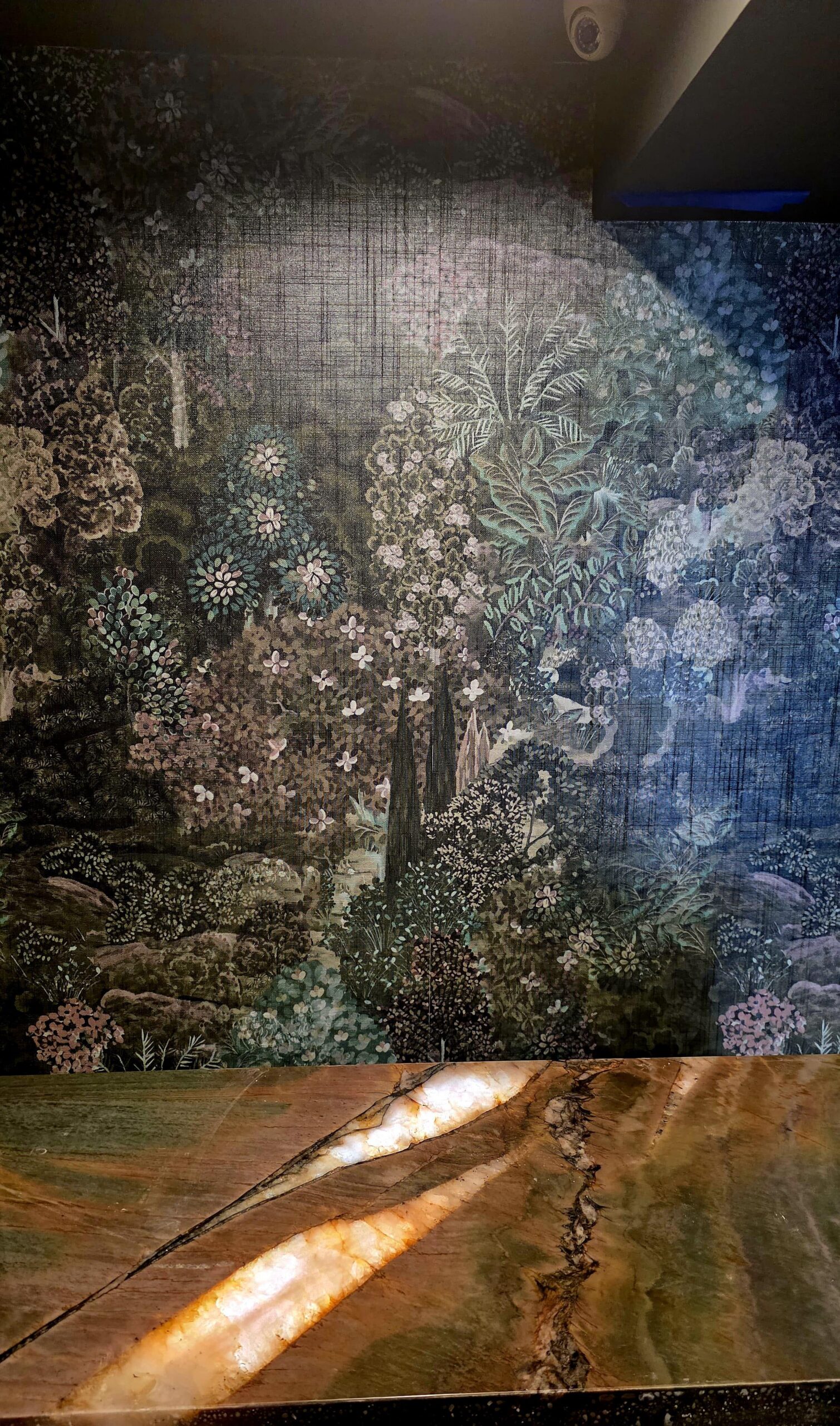 Rich textured walls of the speakeasy lounge